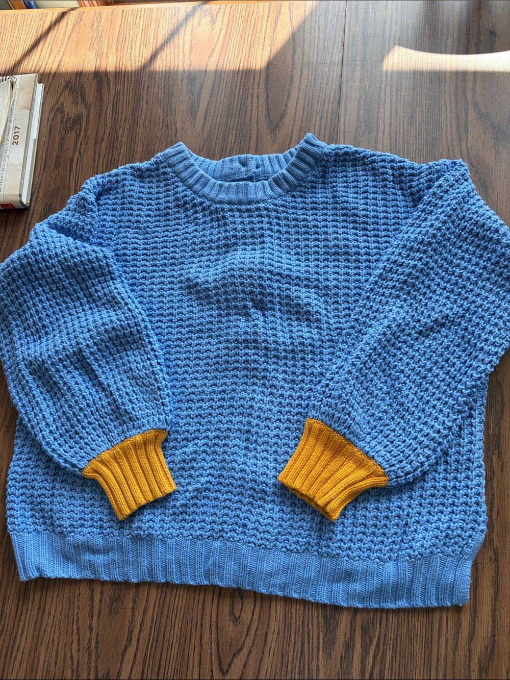 Popsugar waffle Knit Pullover Sweater, XL, Blue/Gold, button back, 24” PTP, 22”L